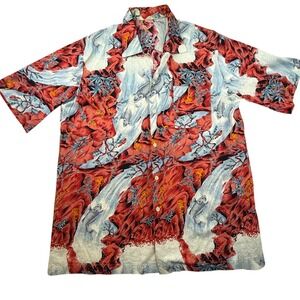 Vtg Koi Fish Waterfall Hawaiian Shirt XL Red Blue Cotton USA Mens rockabilly